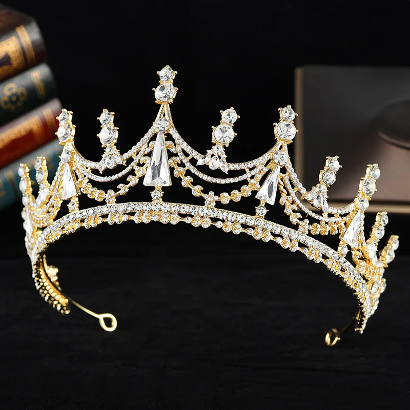 Baroque Vintage Gold Color Geometric Crystal Bridal Tiaras Crown Rhinestone Pageant Diadem CZ Headpiece Wedding Hair Accessories