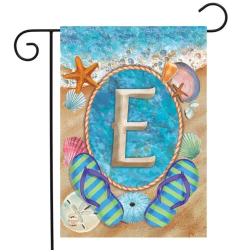 Summer Monogram Letter E Garden Flag Flip Flops Seashells ;