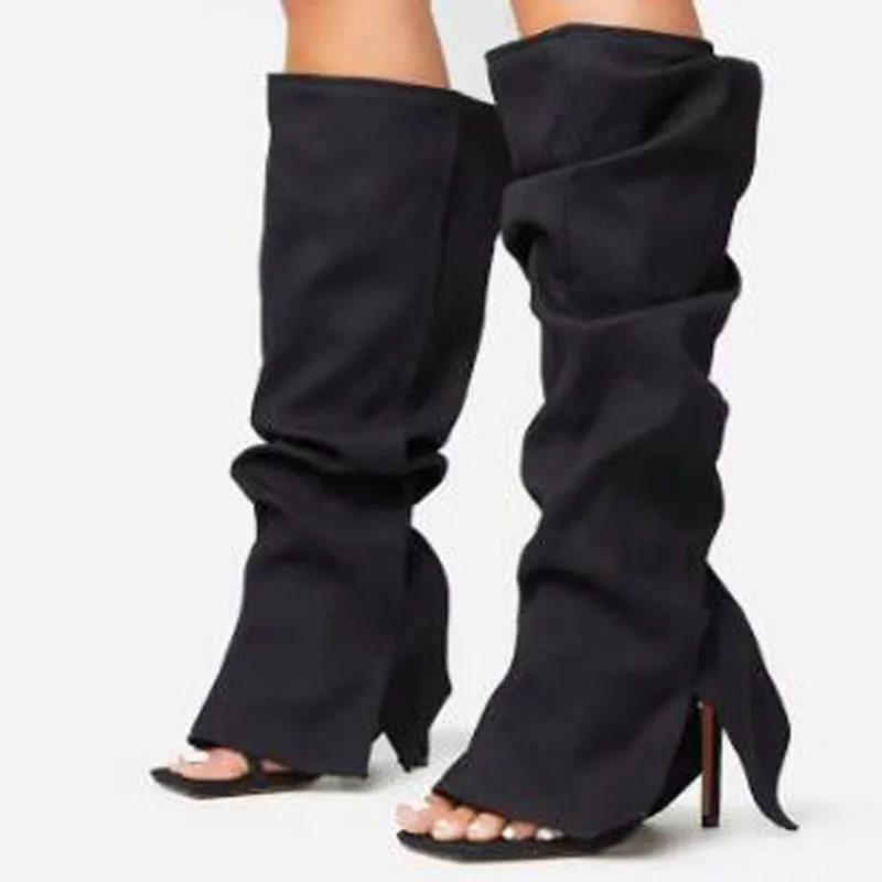 New Black Denim Folded Strap Square Toe Stiletto Heel Knee High Sandal Boots Women Slip On Pants Boots Shoes Drop Shipping