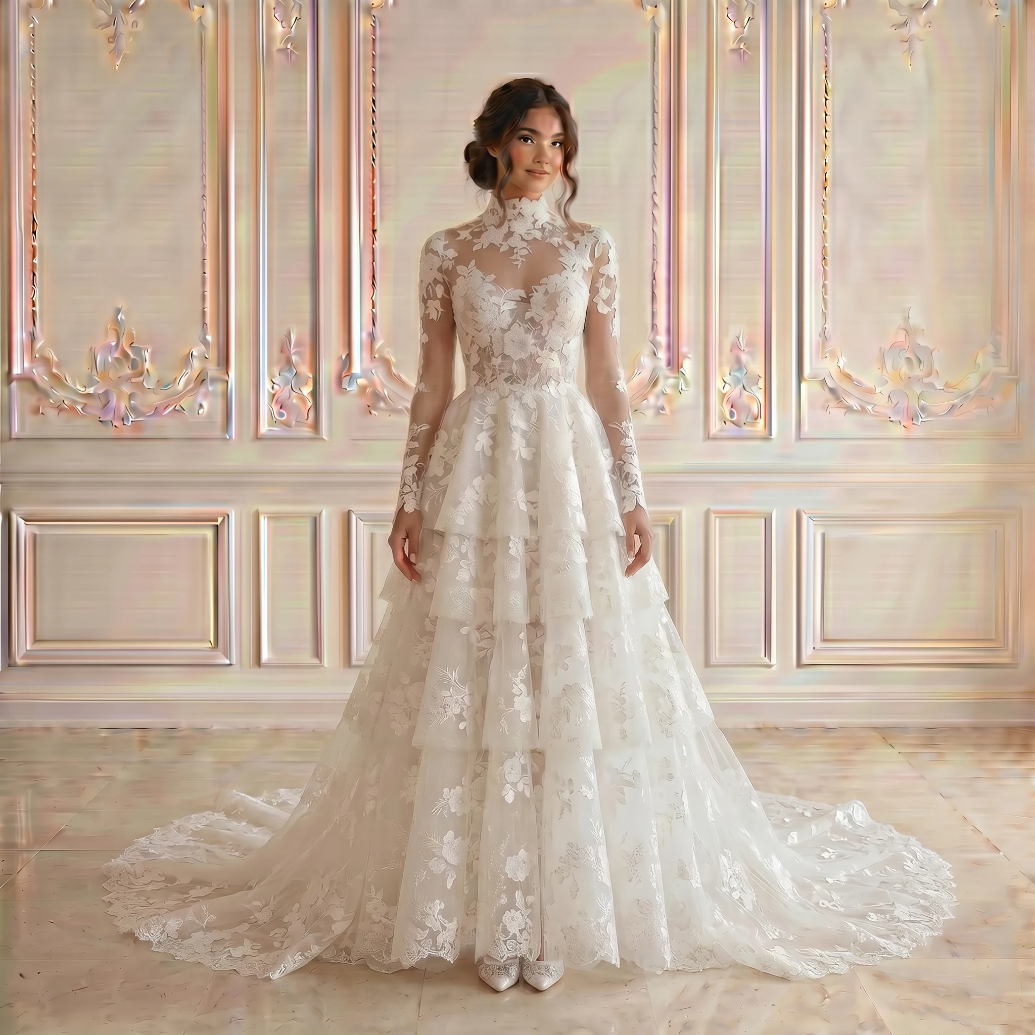 High Neck Long Sleeve Tiered Lace Wedding Dress Sheer Pearl Back Floral Tulle Chapel Train Bridal Gown