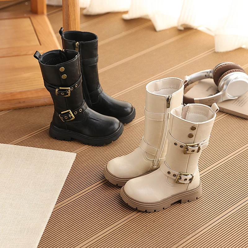 

Elegant Zipper Girls Casual Fashion Buckle Boots Autumn/Winter Round Toe Plush Warm Thick Sole Comfort Children's Midsole Boots