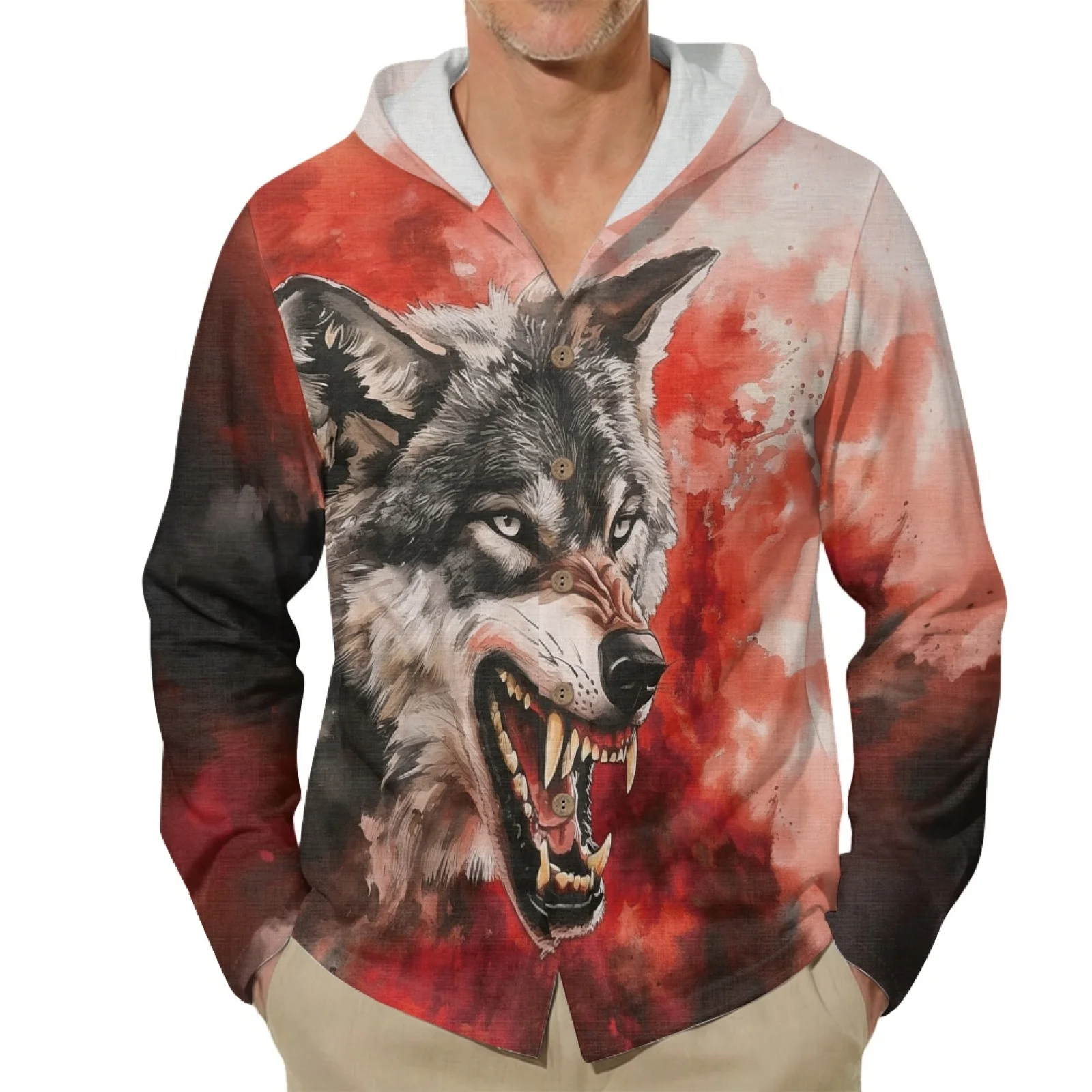 PENSTROLL Angry Red Wolf Print Linen Style Hoodies Button-Up Button Down Classic Tops for Male Size S-3XL