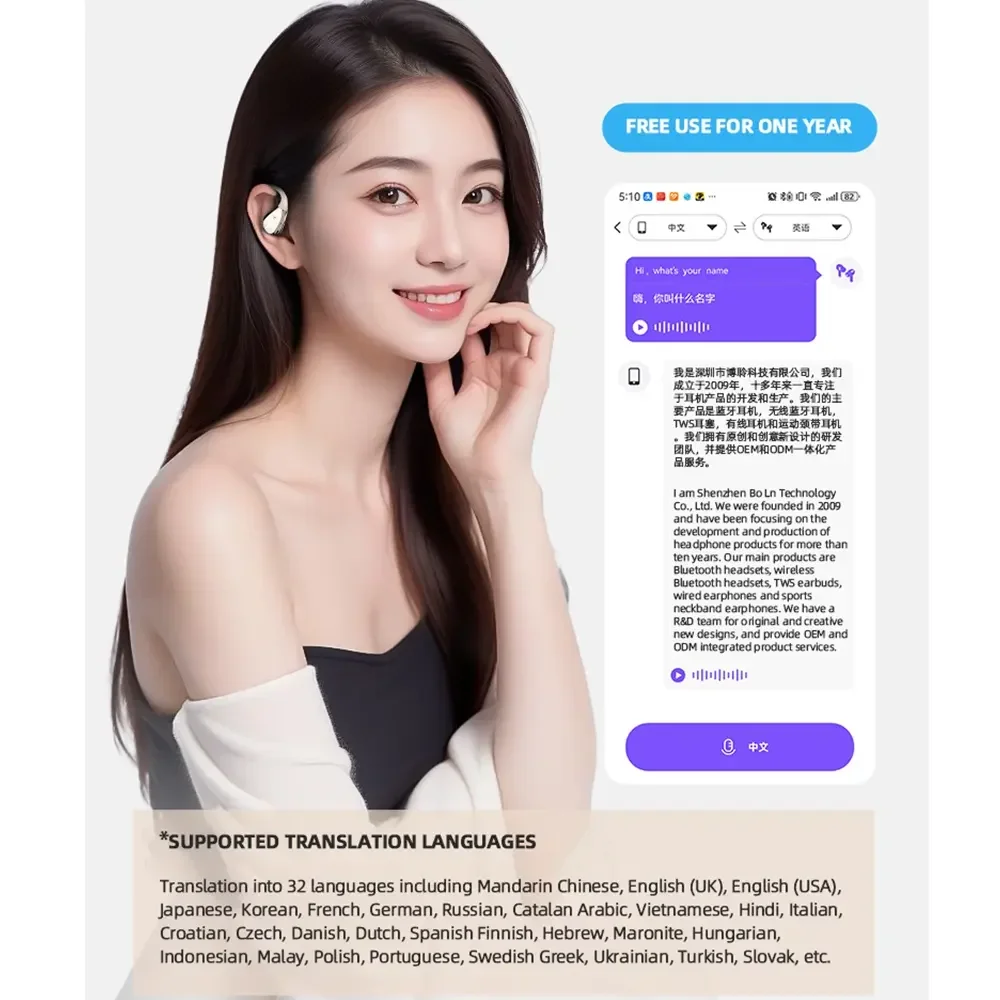 Chengtuo الذكية Ai الترجمة سماعة عجلات الموضة الدورية شحن تصميم المترجم OWS سماعات أذن يمكن ارتداؤها مفتوحة الأذن