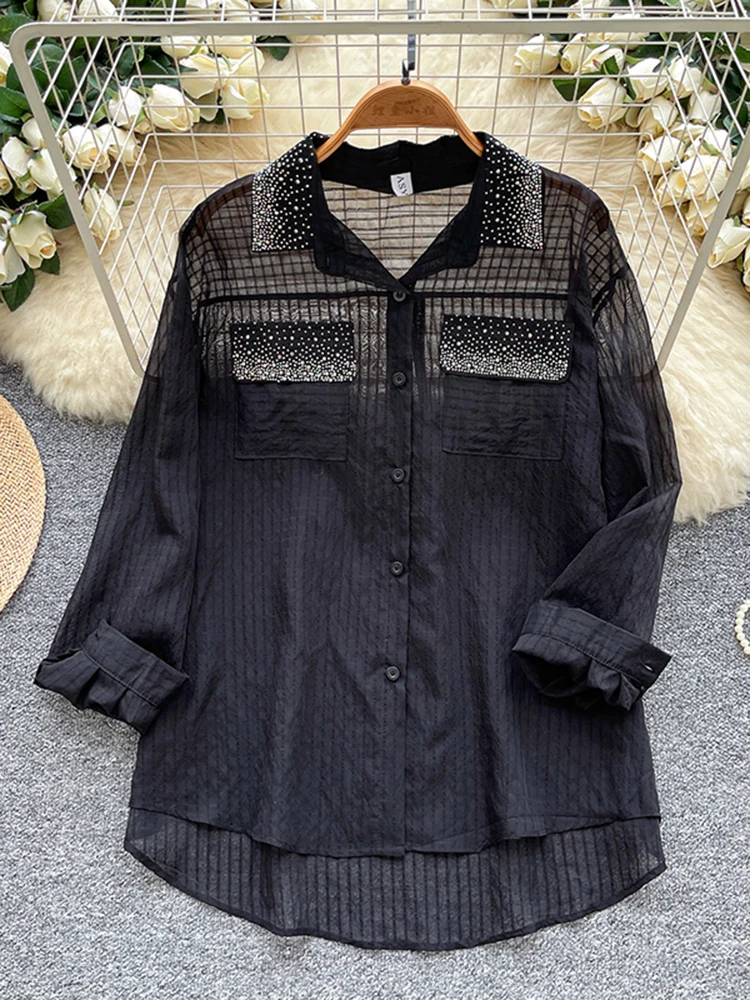 

Весенне-осенняя рубашка с отложным воротником и длинными рукавами, женская новая горячая прессованная рубашка с ромбовидной сеткой, тонкая повседневная универсальная трендовая блузка C371