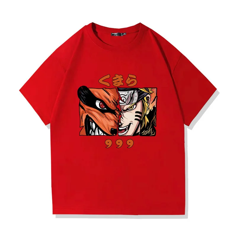 Naruto Uzumaki Kurama Split Face Anime T-Shirt für Männer und Frauen, 9 Tails Kyuubi Graphic Casual Oversized Streetwear Schwarzes T-Shirt – Detail 5