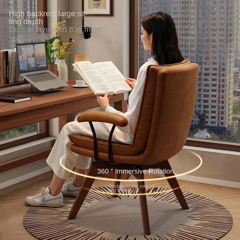 Solid Wood 360° Swivel Chair Comfortable Office Computer Chair Natural Wood Style Backrest Study Chair for Home
