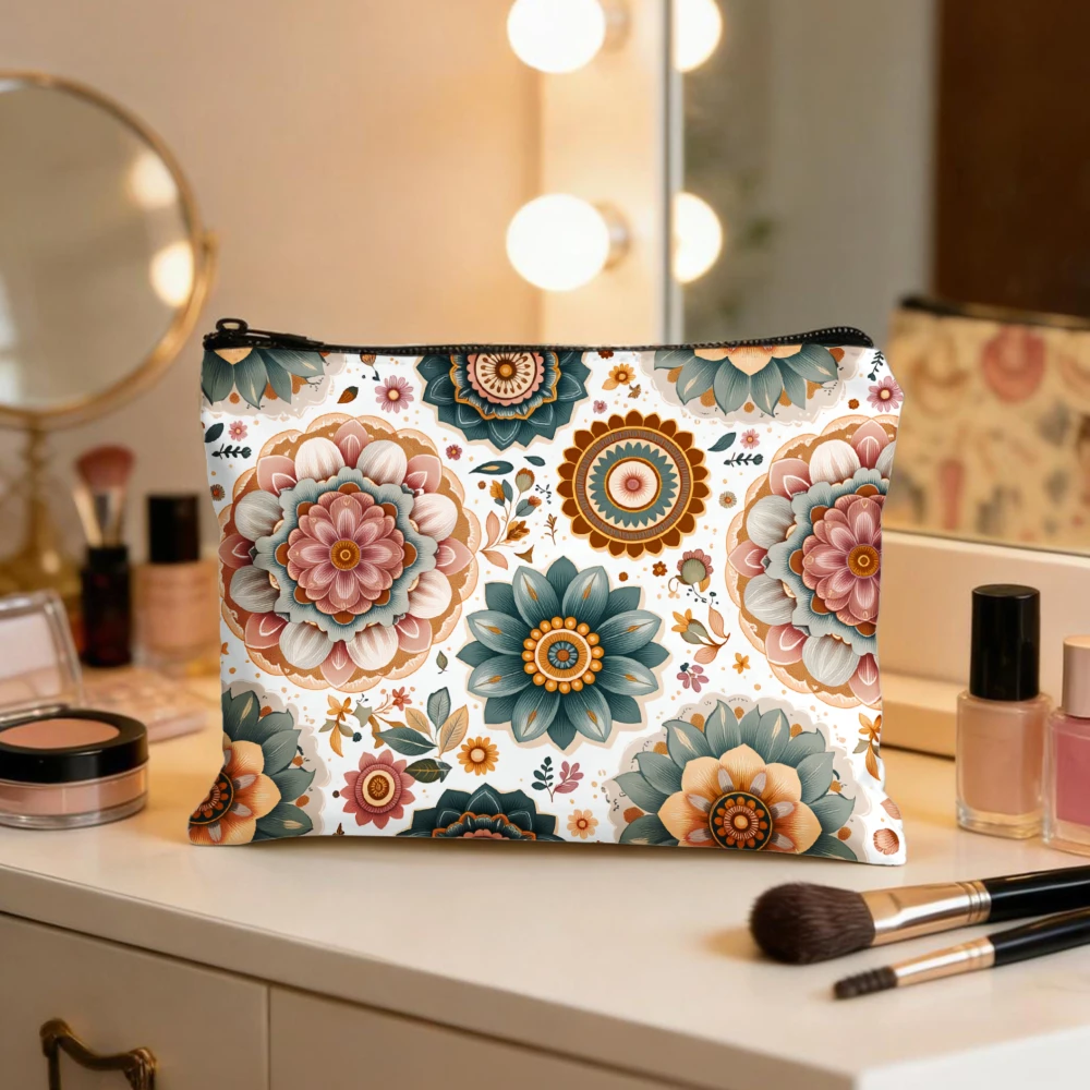 Retro Floral Mandala Cosmetic Bag, Bohemian Teal Pink Print, Cute Zipper Makeup Pouch For Women