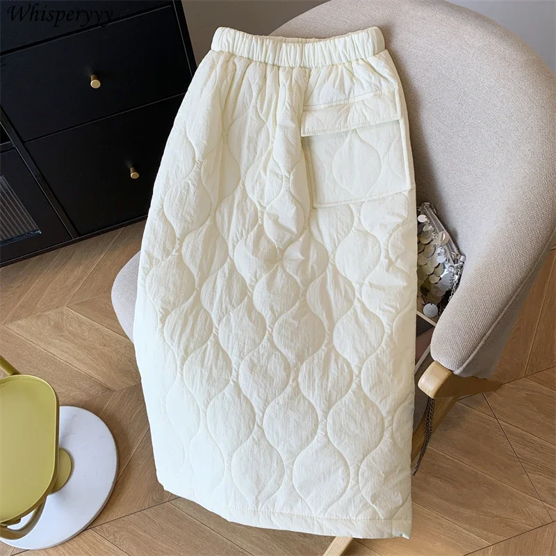 Down Cotton Skirt Women Autumn Winter Thicken Warm Pocket Straight Skirt Korean Fashion Clothing Solid Female Skirt