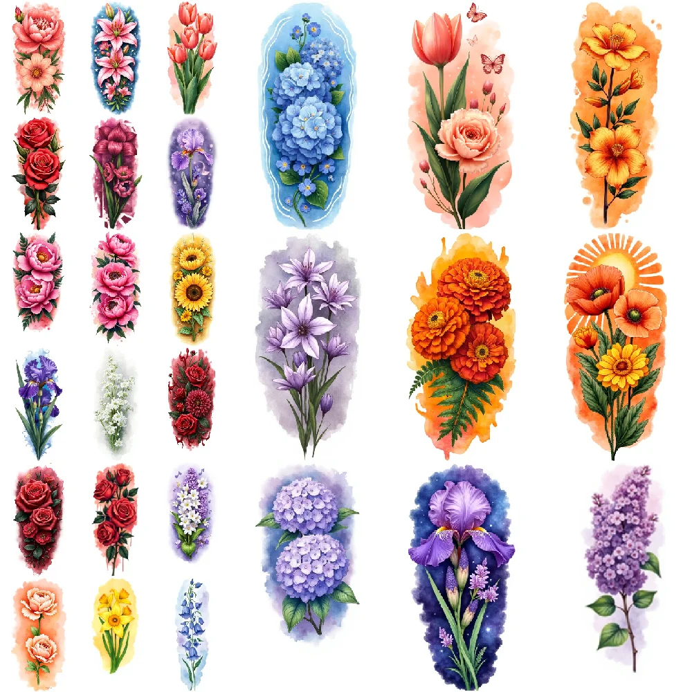 

9 шт., временные татуировки, водонепроницаемые, долговечные наклейки для тела, декоративные цветы, природные мотивы, яркие лепестки для бедер, спины