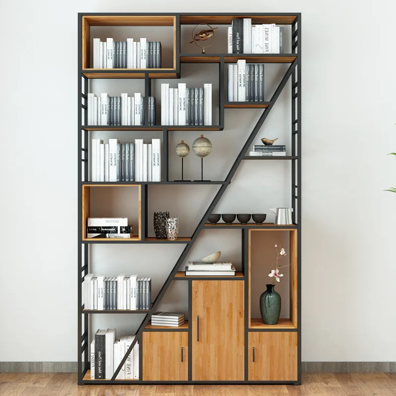 Wrought iron bookshelf shelf floor standing bookcase creative, modern simple living room, Nordic study, solid wood office