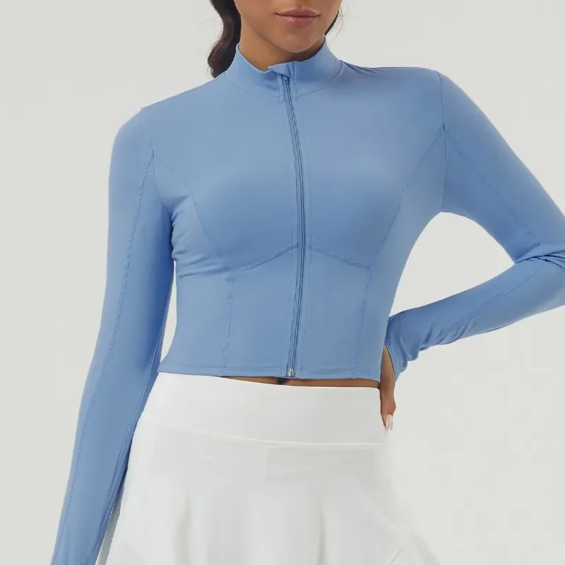 WANAYOU-traje de Yoga para mujer, chaqueta deportiva de manga larga con cuello levantado de gama alta, entrenamiento para correr, Top deportivo, conjunto para correr a prueba de viento