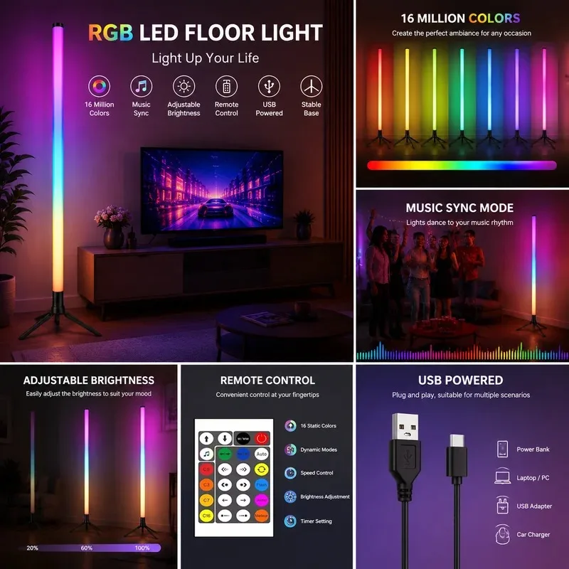 Floor Lamp Mood Light High Brightness LED Vertical Corner with App and Remote Control Music Sync Color Changing for Home Decor