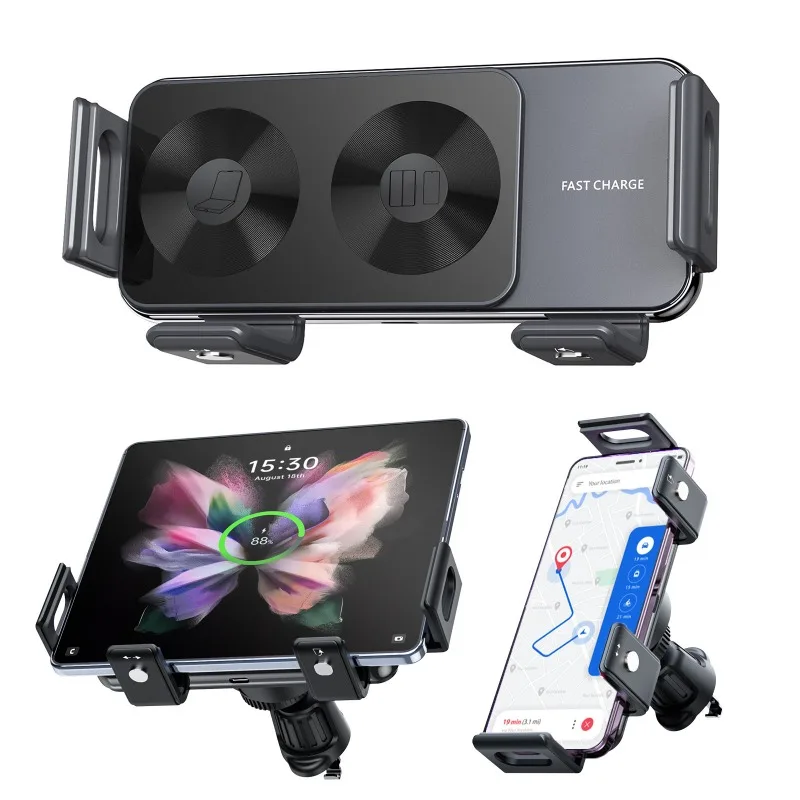 

For Samsung Galaxy Z Fold 6 5 4 Dual Coils Fast Charging Phone Holder Wireless Car Charger for Pixel 9 Pro for Iphone Car Mount