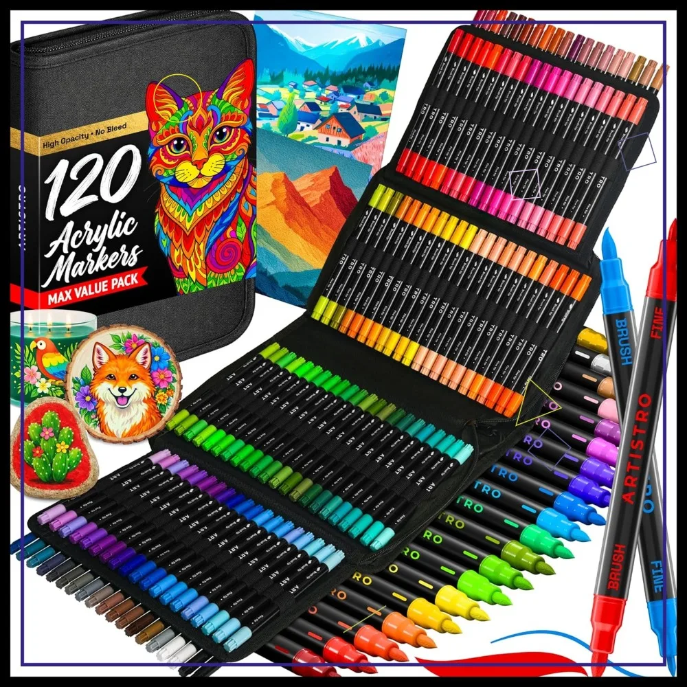 

120 Dual Tip Acrylic Paint Pens with Storage Bag for Calligraphy, Multisurface Markers for Fabric, Rock, Glass