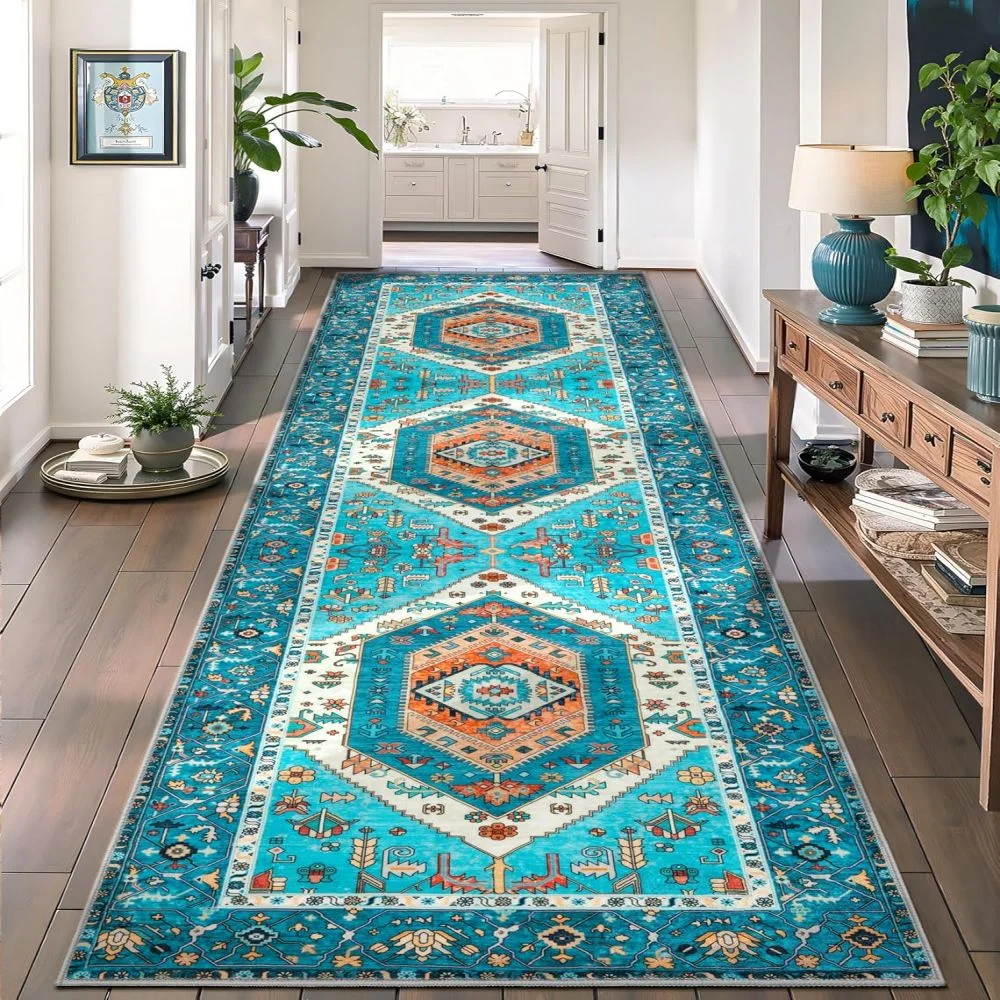 VIKAMA Bohemian Long Rug Washable Non-Slip Entryway Hallway Mat Vintage Bedroom Kitchen Carpet Home Decor