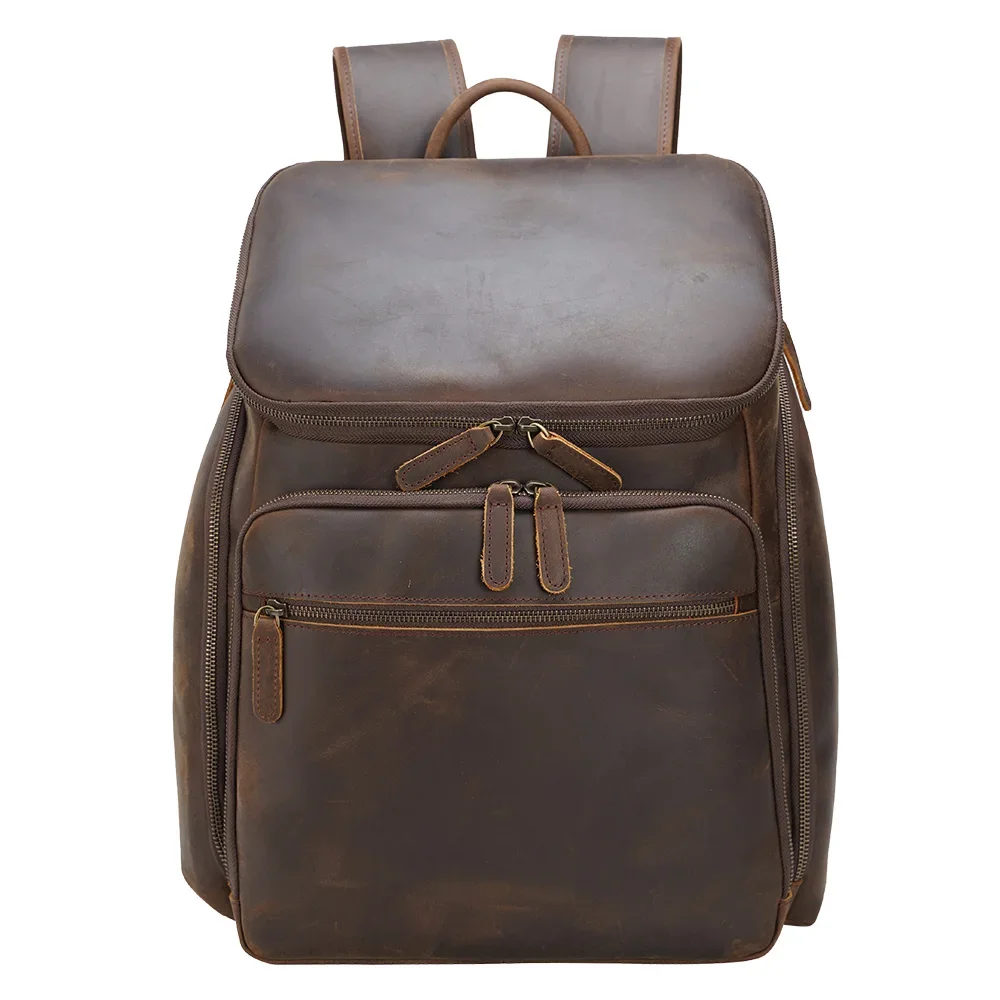 Factory Supply Wholesale Vintage Design Dark Brown Male Genuine Leather Back Pack Bag Real  15.6 Inch Laptop Backpack 