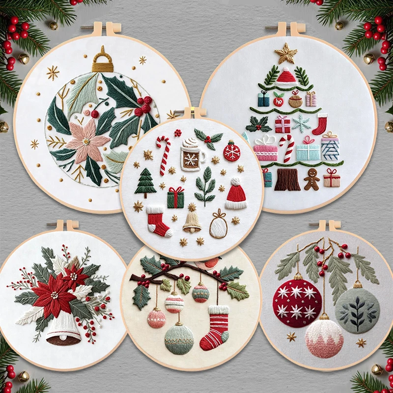 Embroidery A - DIY Embroidery Christmas Tree Flower Wreath