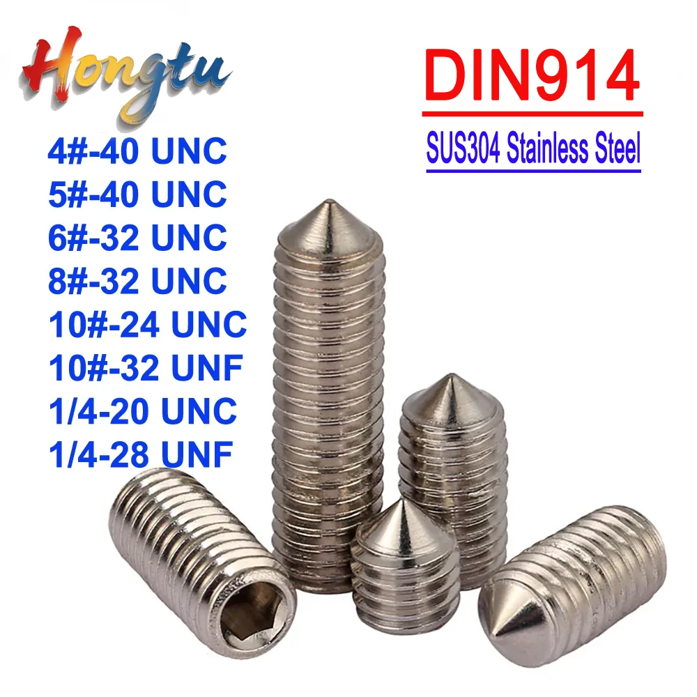 Hongtu DIN914 Cone Point Headless Grub Screws - SUS304, 4#-10#/1/4'' UNC/UNF Hex Socket