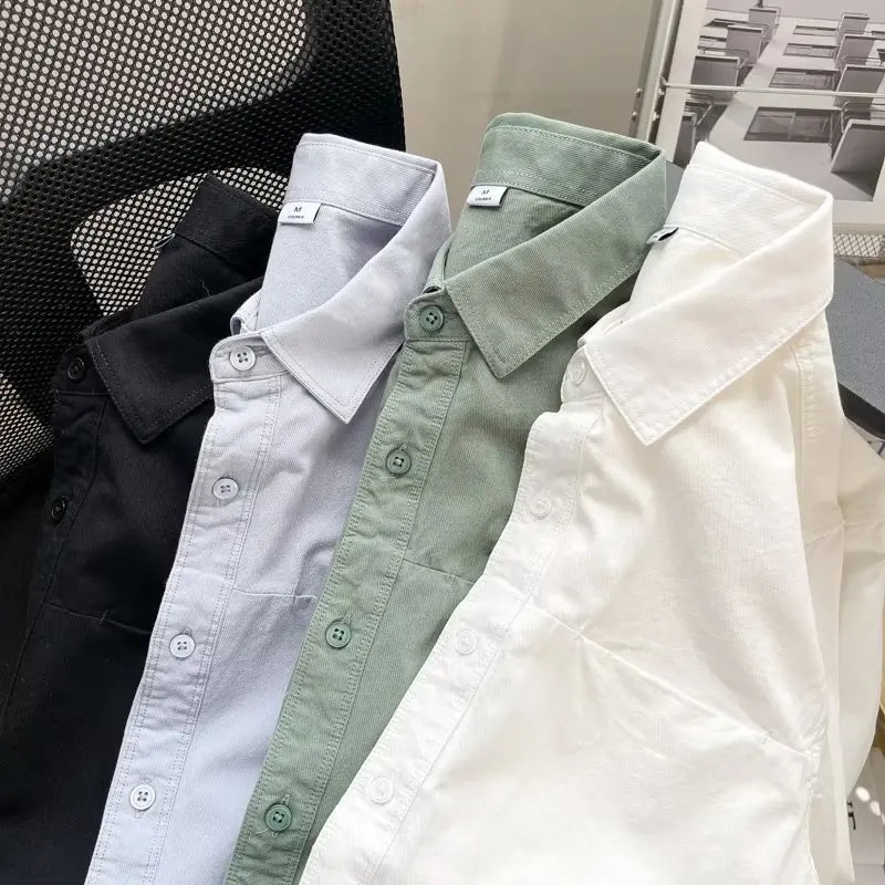 American Long-sleeved Shirt Men's Spring And Autumn Casual Solid Color White Lapel Shirt Retro