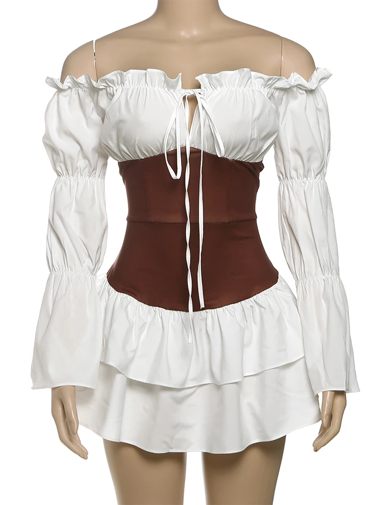 Estranho gato doce retalhos vestido feminino rendas até slash neck manga longa puff magro baixo aumento em camadas strecth elegante mini bodycon