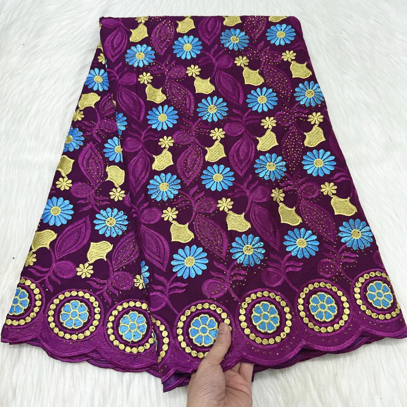 

5Yards/Lot Nice Looking Purple African Cotton Fabric Embroidery Swiss Voile Lace Match Rhinestones For Dressing B137