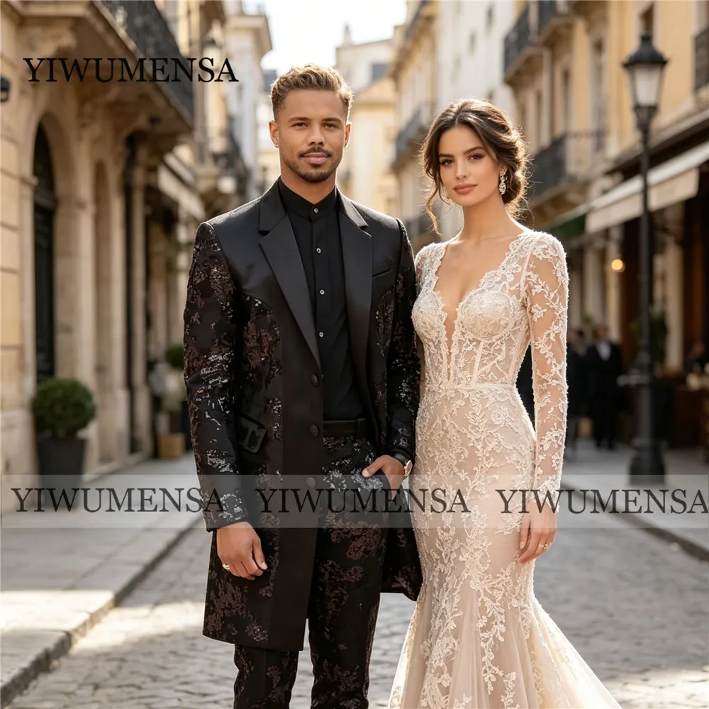 Exquisite Men's Suit Sparkly Sequins Lace Prom Blazer Customized Single Breasted Jacket Pants 2 Piece Sets Groom Tuxedo Attire