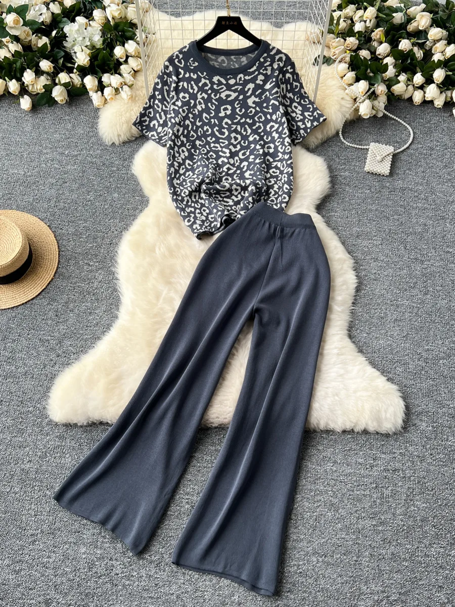 New Summer Women\'s Fashion Leopard Knitted Pullover Sweater High Waist Wide Leg Pants Knitted Two Piece Set Y2k Tide Outfits