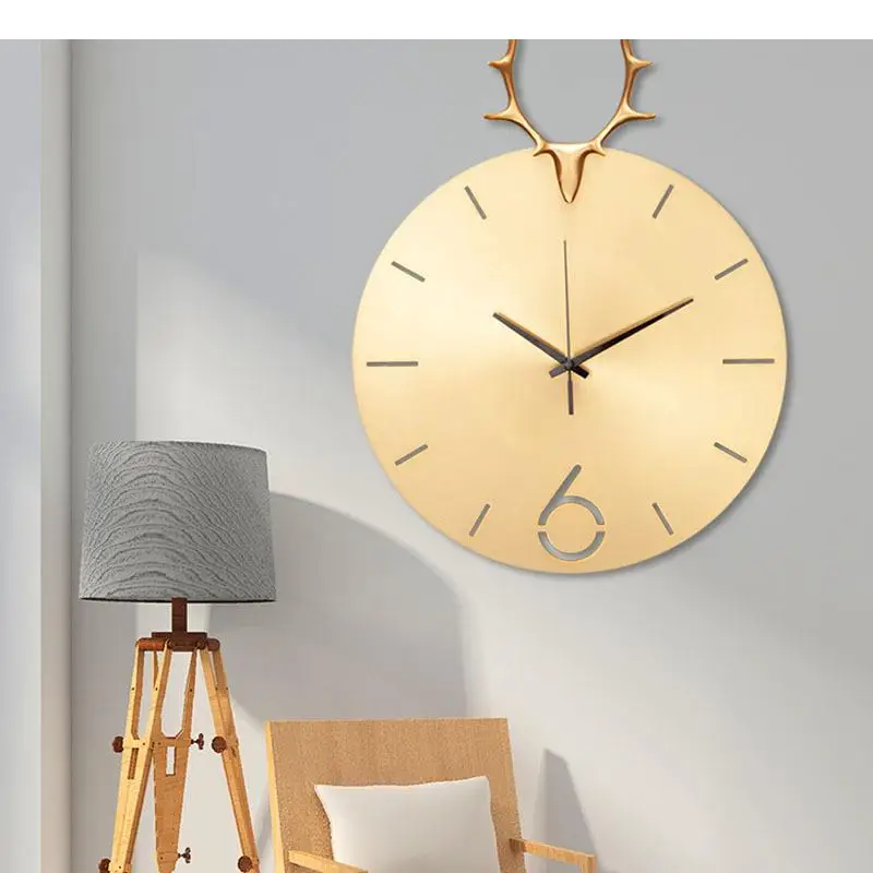 Deer Golden Wall Clock Modern Design Silent Sweep Needle Clocks Living Room Decoration Display Copper Hanging Timepiece