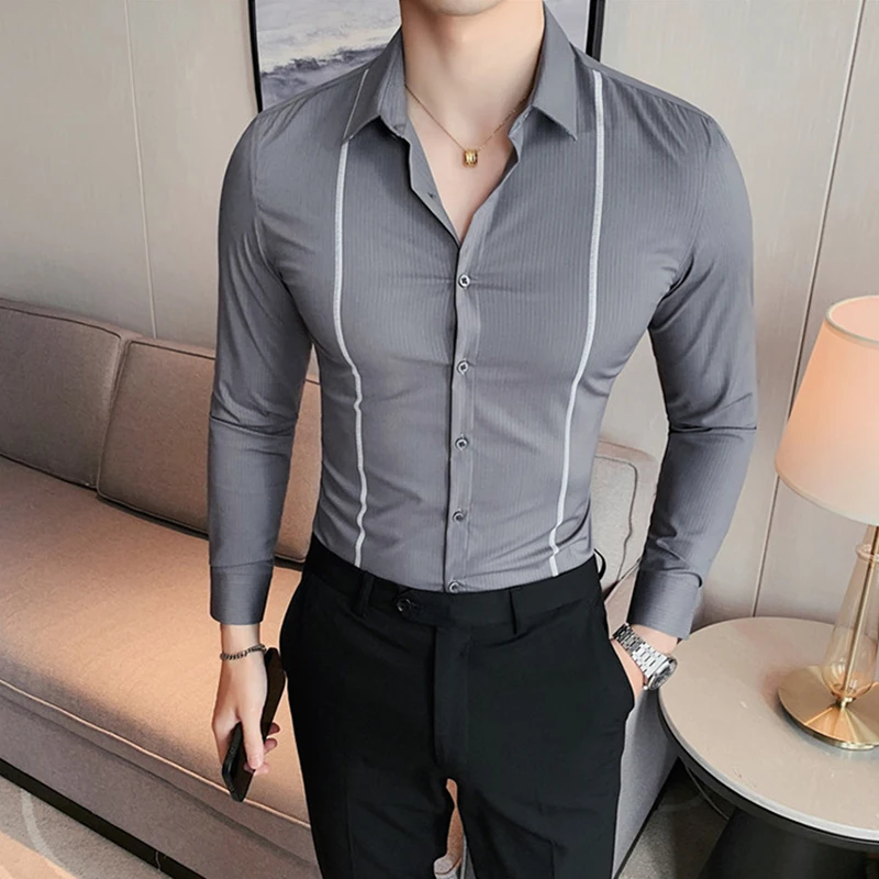 

Men's Slim Fit Formal Shirt Stripe Printed Trendy Business Clothes High Quality Luxury Long Sleeve Social Blouses