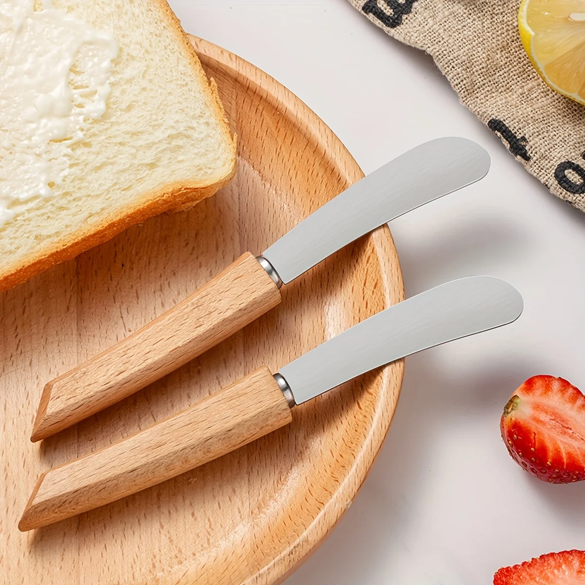 Cuchillo para mantequilla de acero inoxidable, cubiertos occidentales, cuchillo para mermelada de pan, espátula para mantequilla de mango largo de madera, cuchillo de pastelería, raspador de crema, 1/2 Uds.