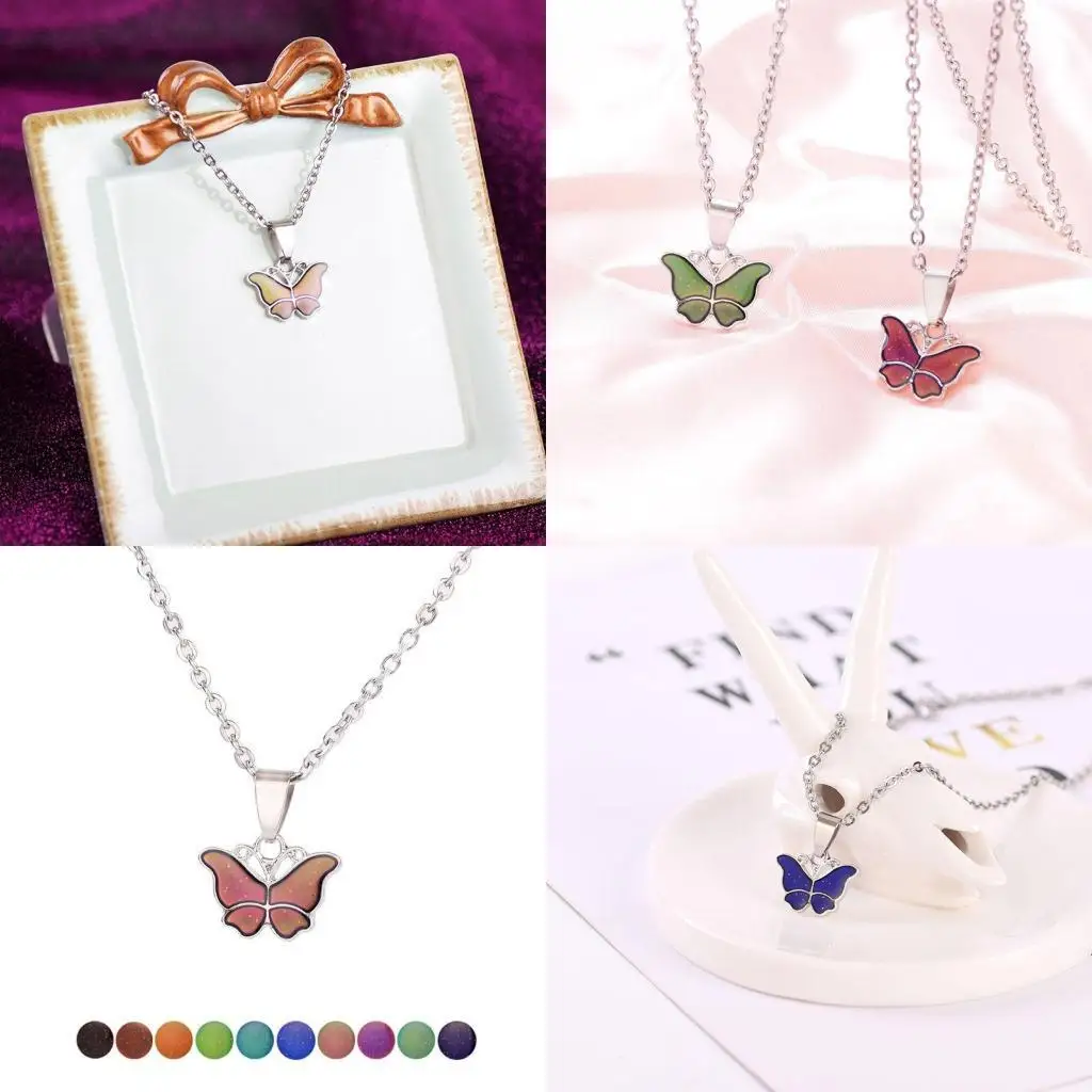 J78F لطيف للفراشة قلادة قلادة الأحجار الكريمة العاطفة الشعور تغيير لون الرقبة