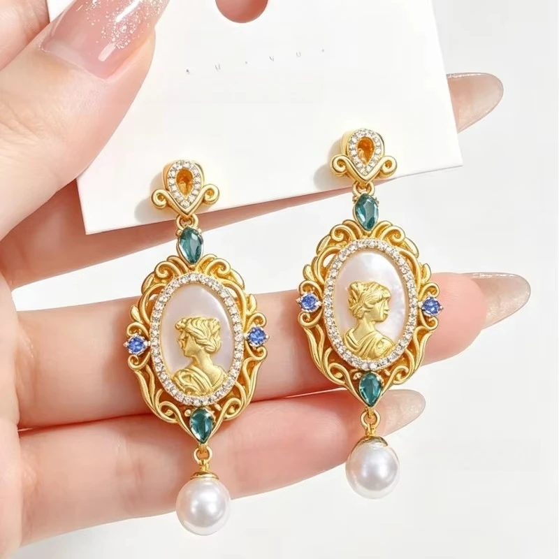 French Court Embossed Stud Earrings, Sparkly Classical Goddess Style Elegant Ear Jewelry