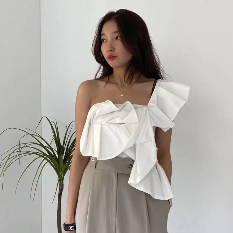 

Shpmishal Summer Fashion Design Feel Open Shoulder Lotus Leaf Edge Shirt Irregular Temperament Heavy Industry Doll Shirt Shirts