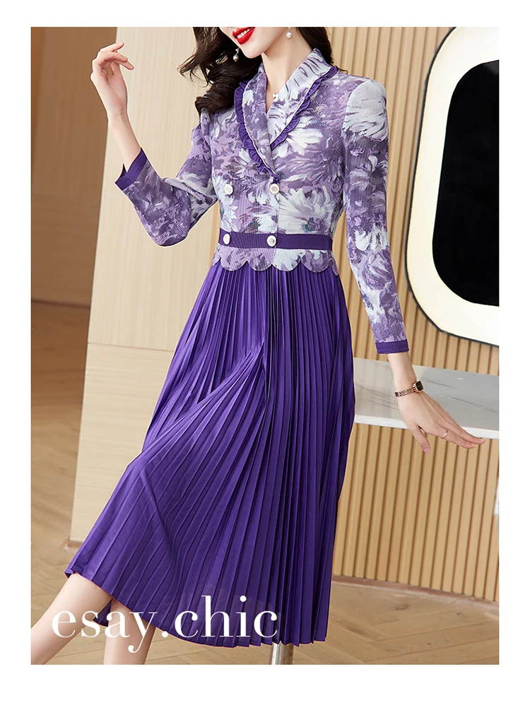AIMEILI Pleated Dress Women\'s Spring New Fashion Printed Lapel Long-sleeved Single-breasted Belted Cardigan Long Dress