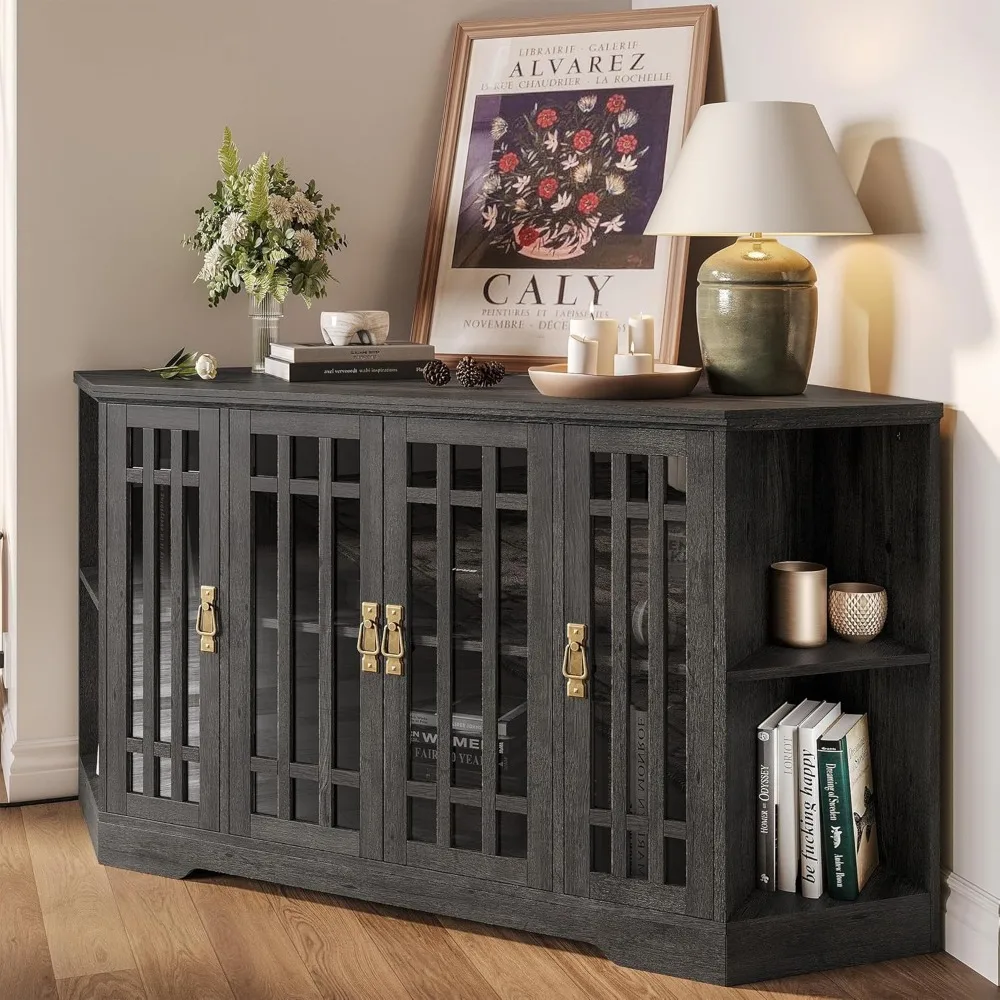 Supporto TV angolare per TV da 60 pollici con armadietto portaoggetti, ante in vetro e presa di corrente - Centro di intrattenimento per spazi angolari