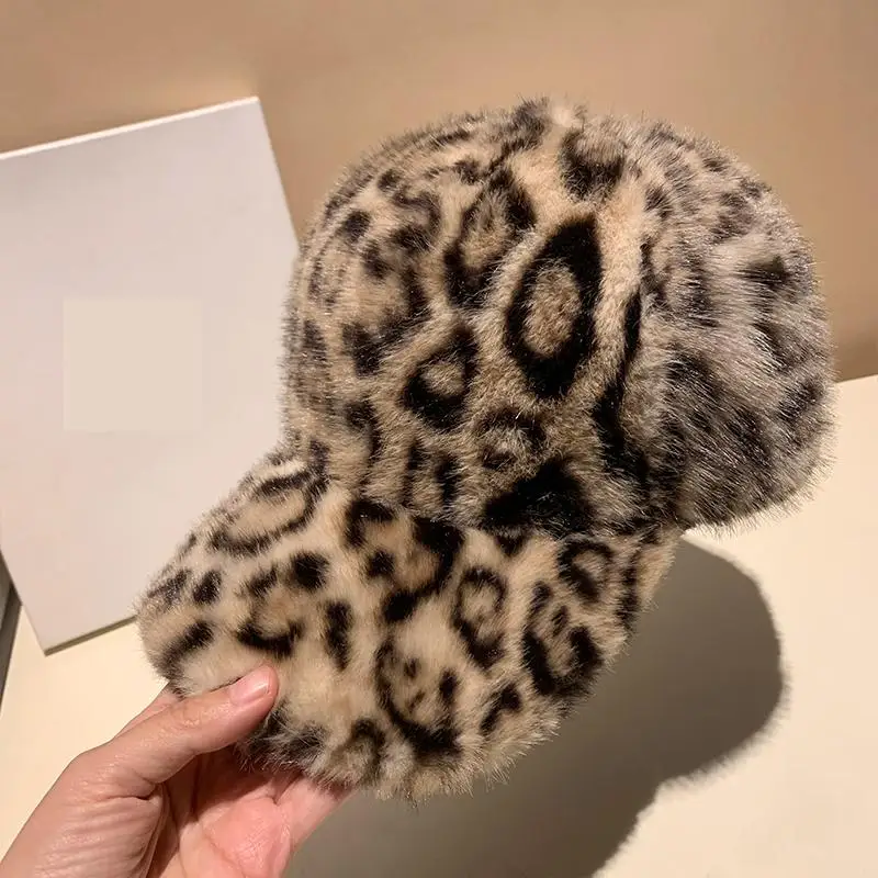 

Leopard Baseball Cap Winter Hats For Women Plush Faux Fur Thickened Keep Warm Caps Women Outdoor Windproof Sunshade Vintage New
