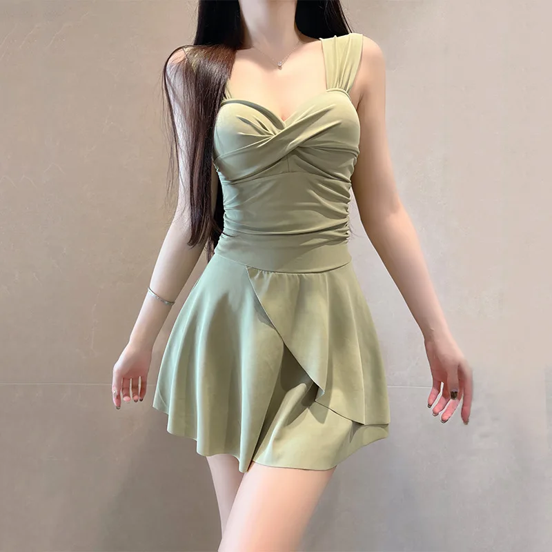 Trajes de baño cruzados lisos sexys, monos arrugados de una pieza, mini vestido, culottes, bikinis, traje de baño acolchado, trajes de playa tankini