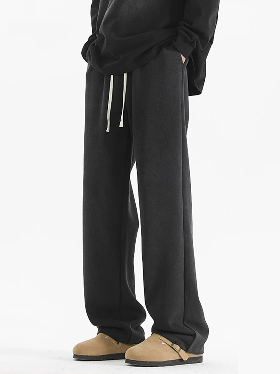 Retro American Washed Fleece Lined Men's Sweatpants Autumn Winter Thick Warm Trendy Straight Loose Casual Long Trousers