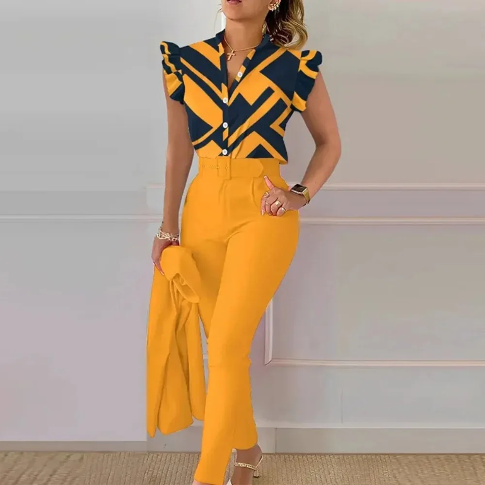 

Elegant V-neck Ruffle Sleeve Top and Belt Long Pants Suits Office Commuter Slim Fit Two Piece Set Summer Casual Women Outfits