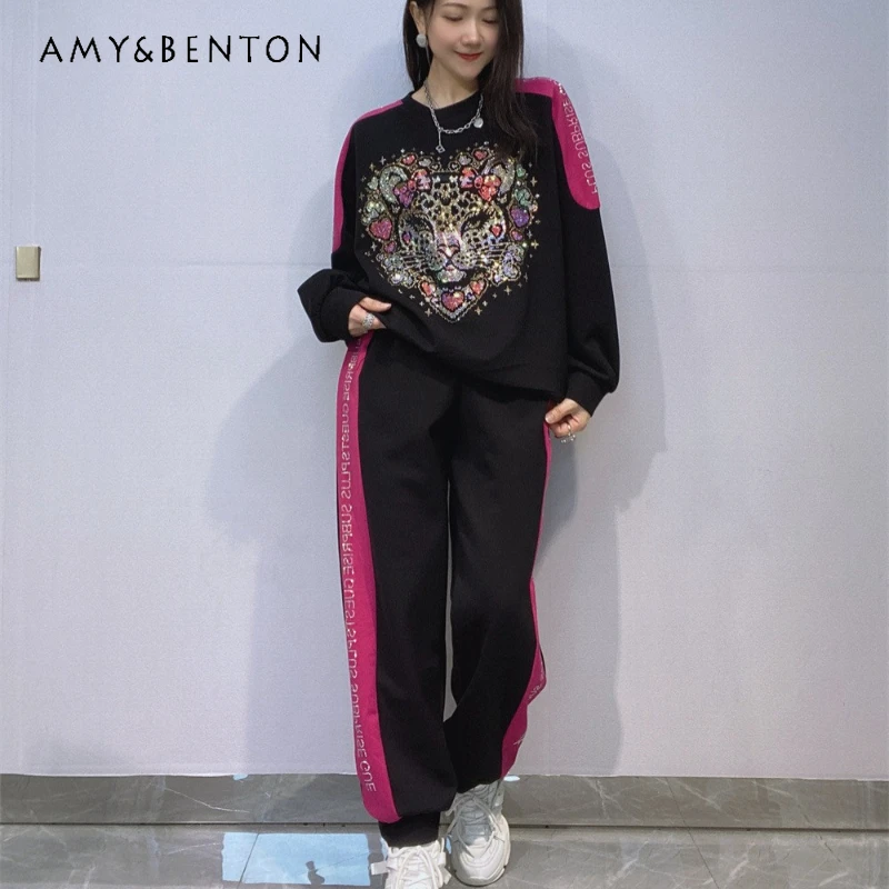 

Fashion Style Rhinestones Outfits Long Sleeves Top Sweatshirts And Elastic Waist Long Sweatpants Tracksuit Two-Piece Set Ladies