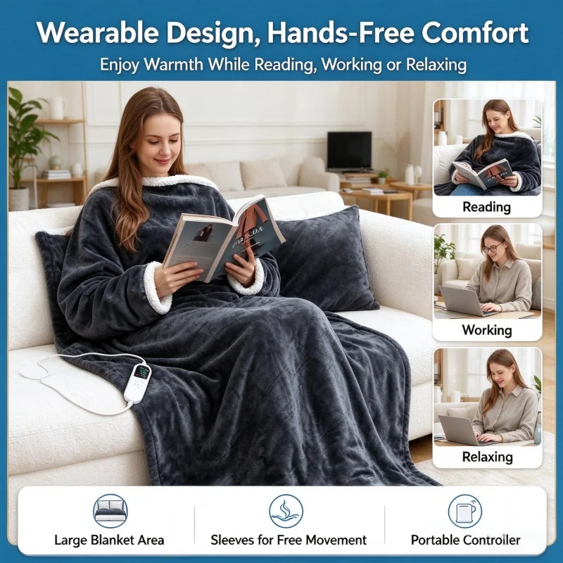 Wearable Electric Heating Blanket with Sleeves Flannel Heating Blanket | Multi Temperature Control Washable Winter Home Heater