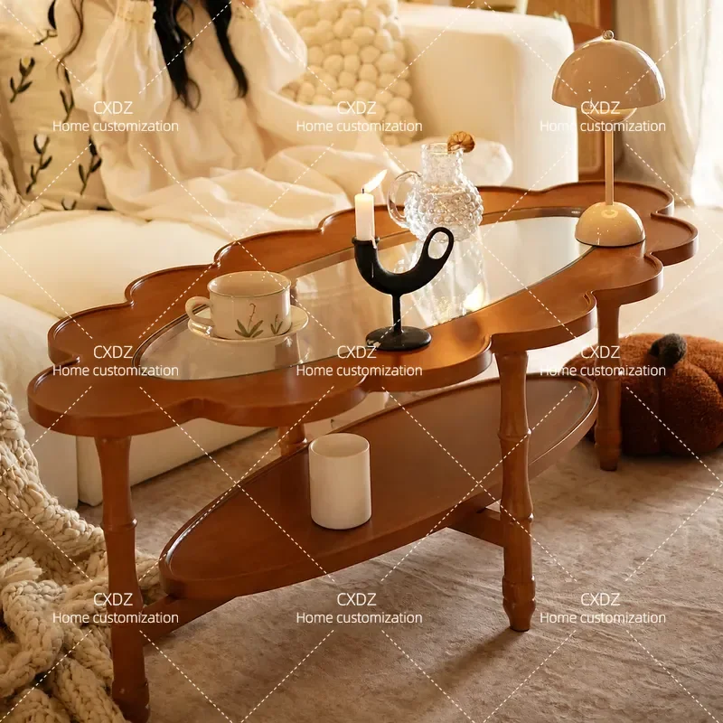 Medium Retro Solid Wood Coffee Table Oval Double Layer Glass Side Table Mobile Low Sofa Table for Small Apartment Living Room