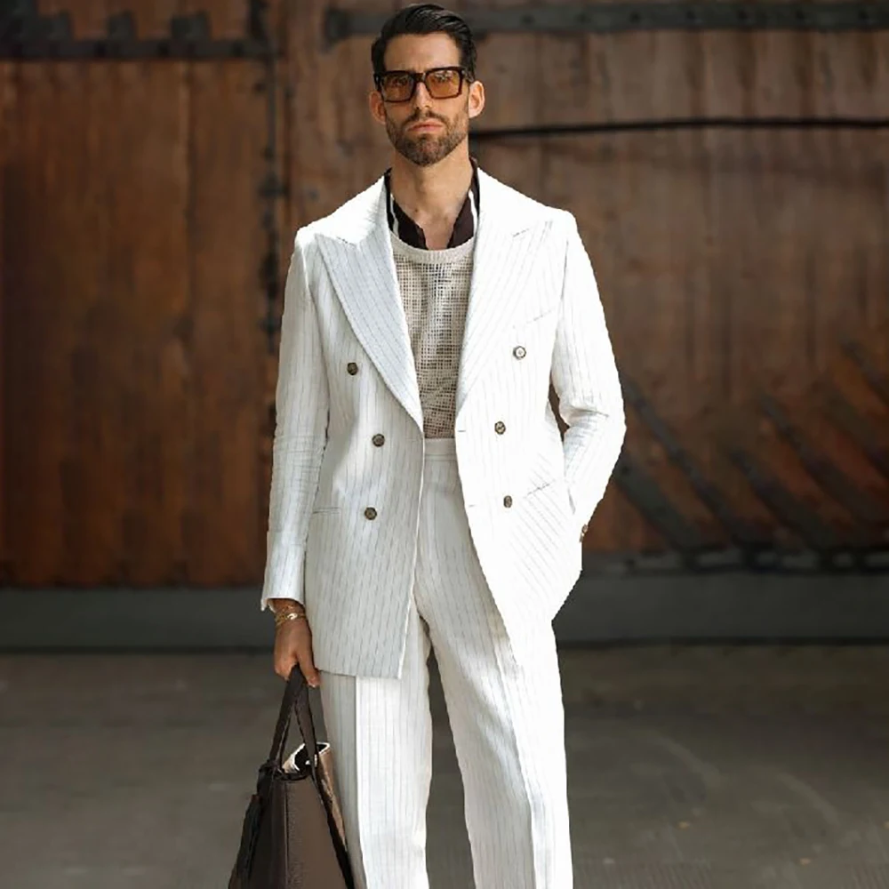 Men White Pinstripe Double Breasted Suit Tailored Fit 2Pieces Jacket Pants Formal Wedding Groom Business Bespoke Timeless Outfit
