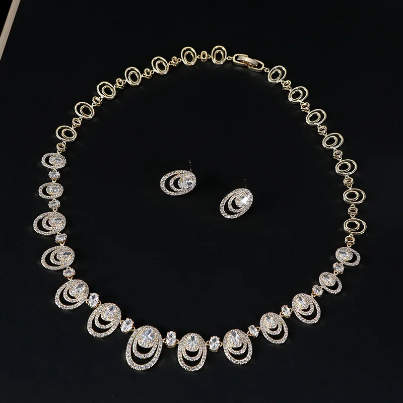 Double Oval Layered Cubic Zirconia Jewelry Set For Women Daily Wear Necklace And Earrings