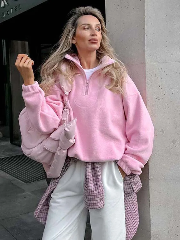 Casual Fleece Lapel Sweatshirt Women Pink Loose Zippers Long Sleeve Pullovers 2024 Autumn New Lady Fashion All-match Outwear