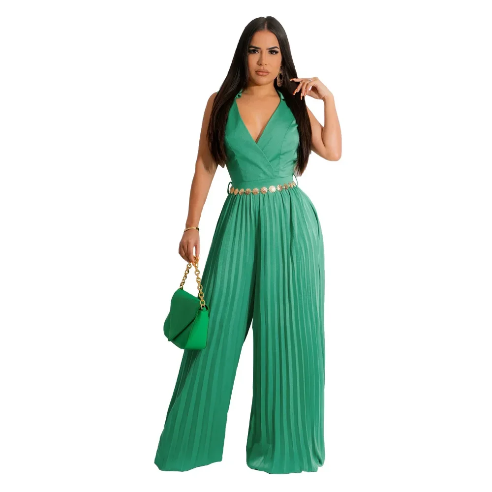 Pleated Wide-leg Jumpsuit New Women's Jumpsuits Loose Temperament Casual V-neck Pullover Women Summer Solid Sleeveless Jumpsuits