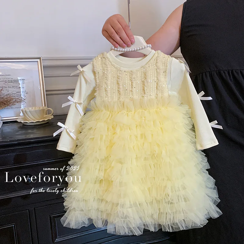 

Girls' dress, stylish autumn baby princess dress, children's cake dress, spring and autumn little girl's fluffy tulle dress two-