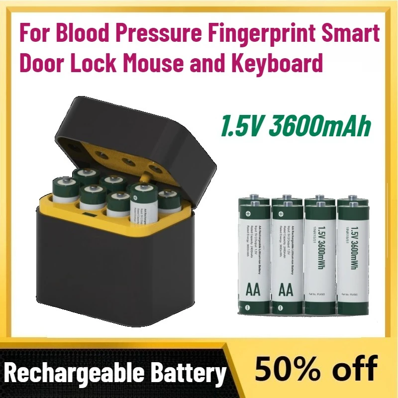 New AA 1.5V 3.6Ah Rechargeable Li-ion Battery for Blood Pressure Fingerprint Smart Door Lock Mouse and Keyboard+Charging Case