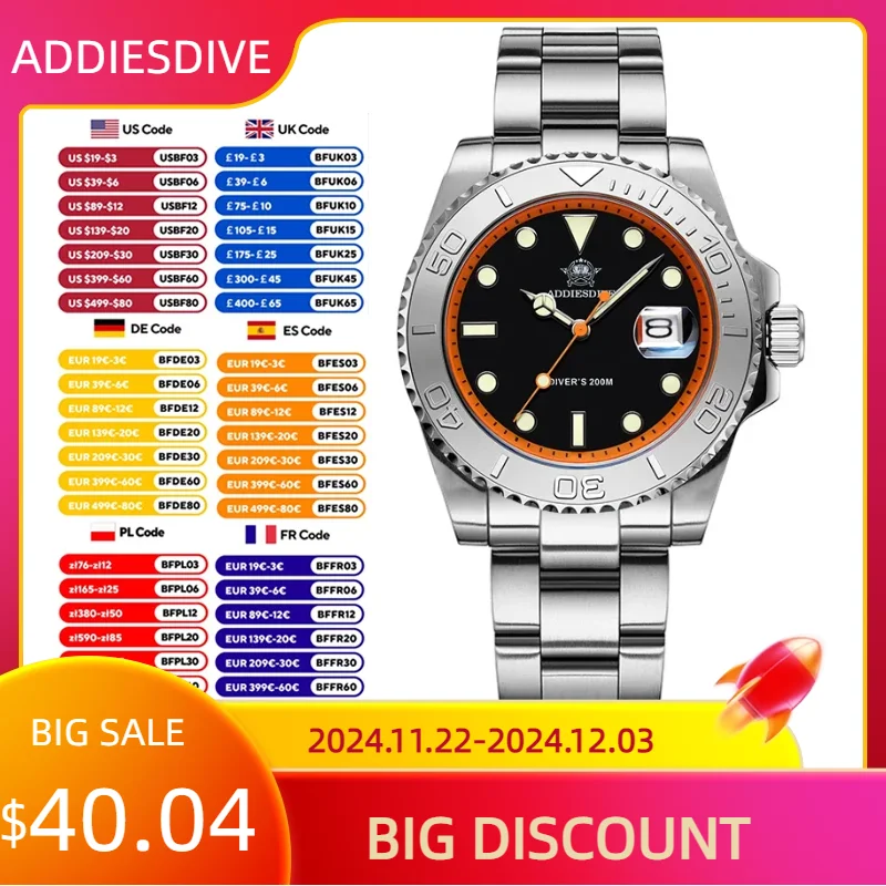 ADDIESDIVE Luxury 41mm Quartz Watch Man 200M Diver In Europe America Luminous Watches Diving Stainless Steel AD2040 Wristwatches