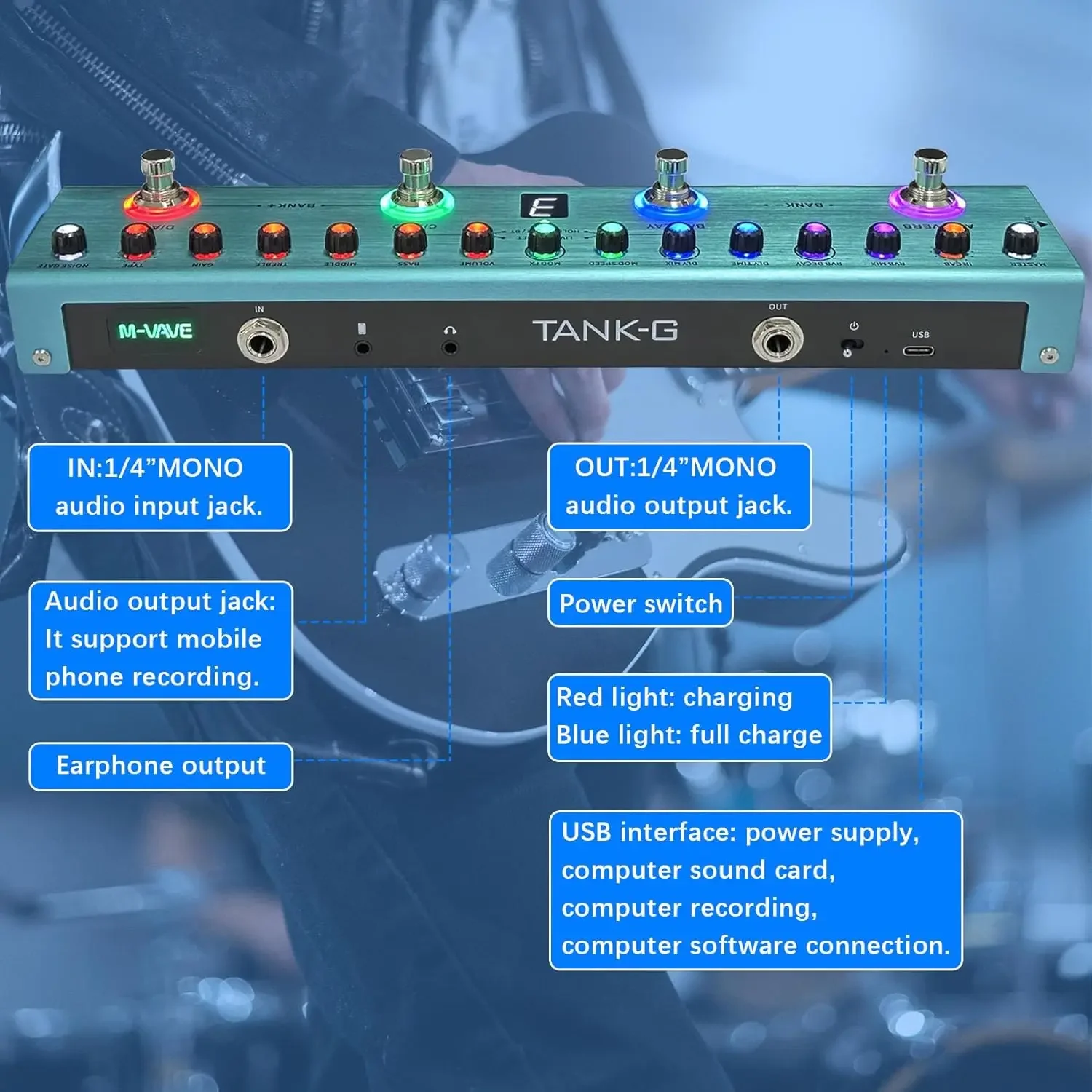 TANK-G Multi-effects Guitar Pedal, 36 Presets, Rechargeable Battery, Delay, Reverb, Modulation, Preamp, Darkgreen